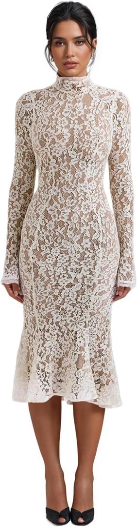 Women Vintage Mock Neck Floral Lace Long Sleeves Midi Dress with Back Zipper Elegant Flowy Bodycon Dresses XS