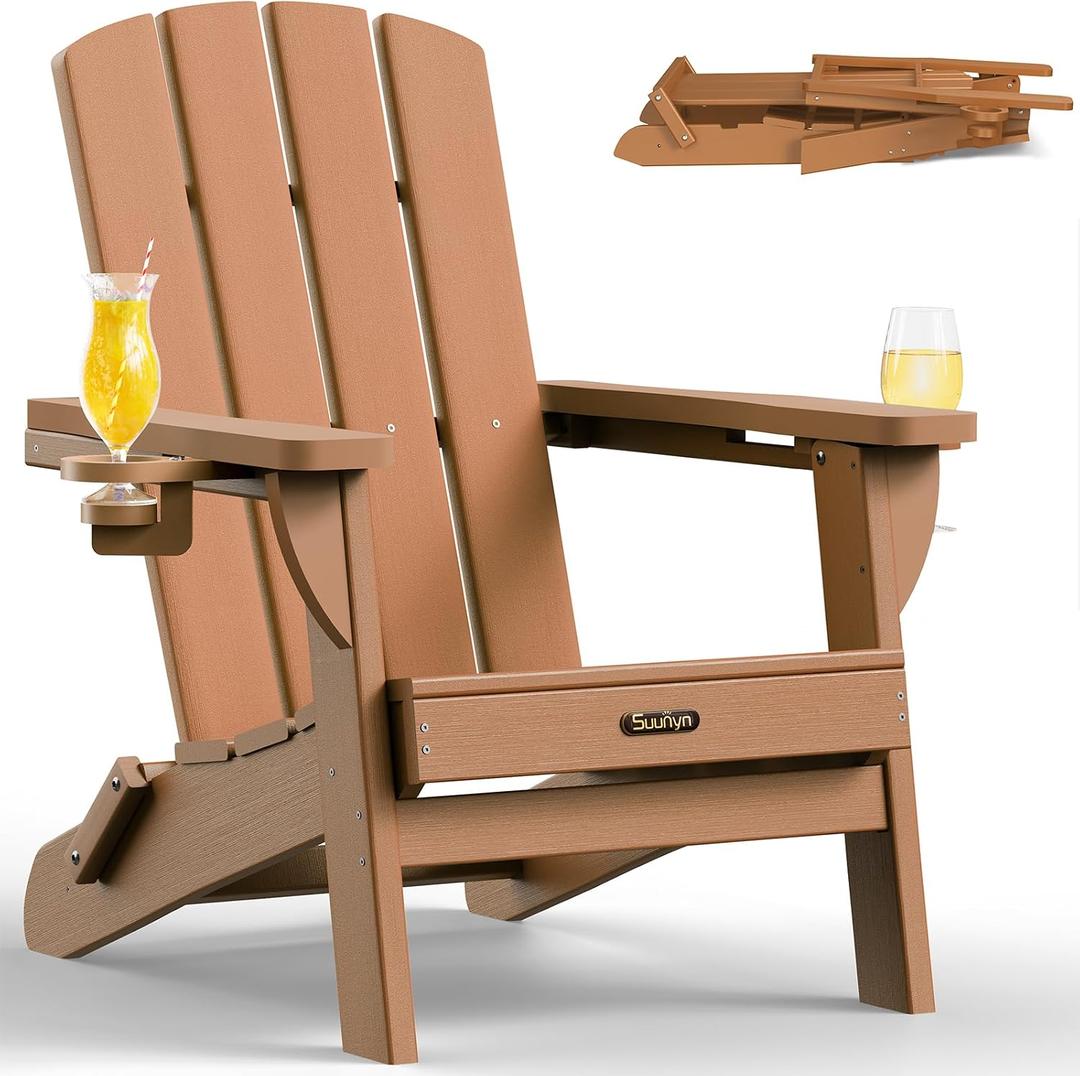 Folding Adirondack Chair, HDPE All-Weather Fire Pit Chairs, Plastic Adirondack Chairs with 2 Cup Holder, Outdoor Lawn Chair for Patio Garden (Teak)