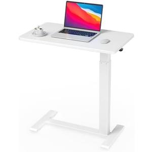 Ywin Medical Adjustable Overbed Bedside Table with Wheels, Swivel Rolling Standing Desk, Pneumatic Small Side Bed Table with Tray for Couch, Hospital, Home,Office Use,(28" W X 16" D, White)