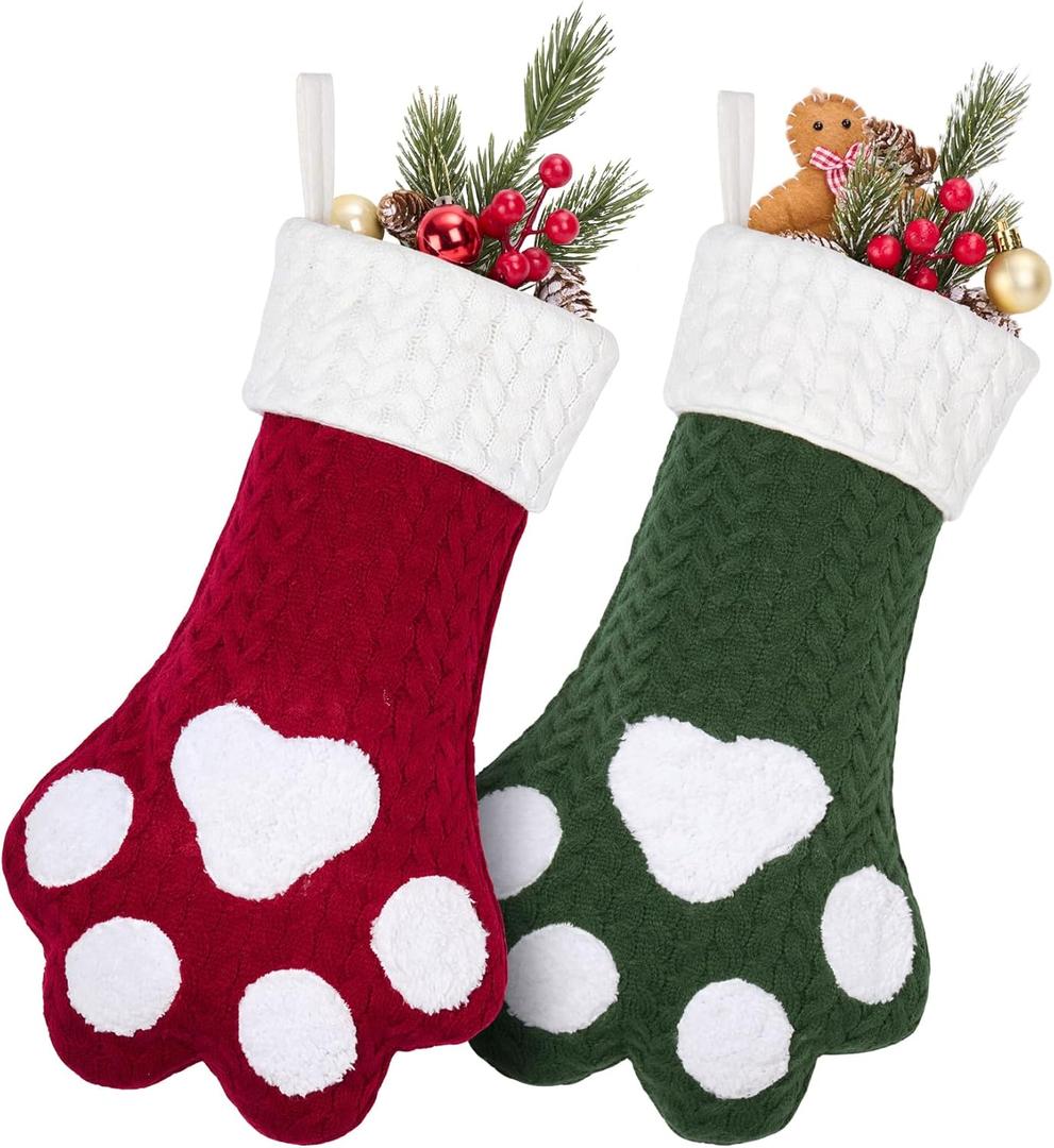 HiPeep Christmas Stockings 2 Pack, 18 Inch Large Family Christmas Stocking, Red and Green Dog Paw Pattern Xmas Stocking for Fireplace,Christmas Decorations