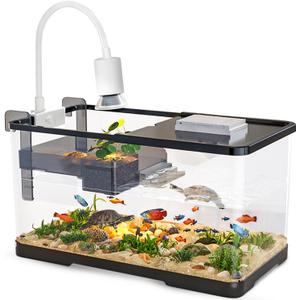 (Tank + Light + Filter + Filter Balls) Turtle Tank Kit, Turtle Tank Starter Kit, Bottom Drainage, Multi-Function Areas for Turtles, Crabs, Fishes, Amphibians, Reptiles (15.75 x 8.64 x 8.64 Inch)