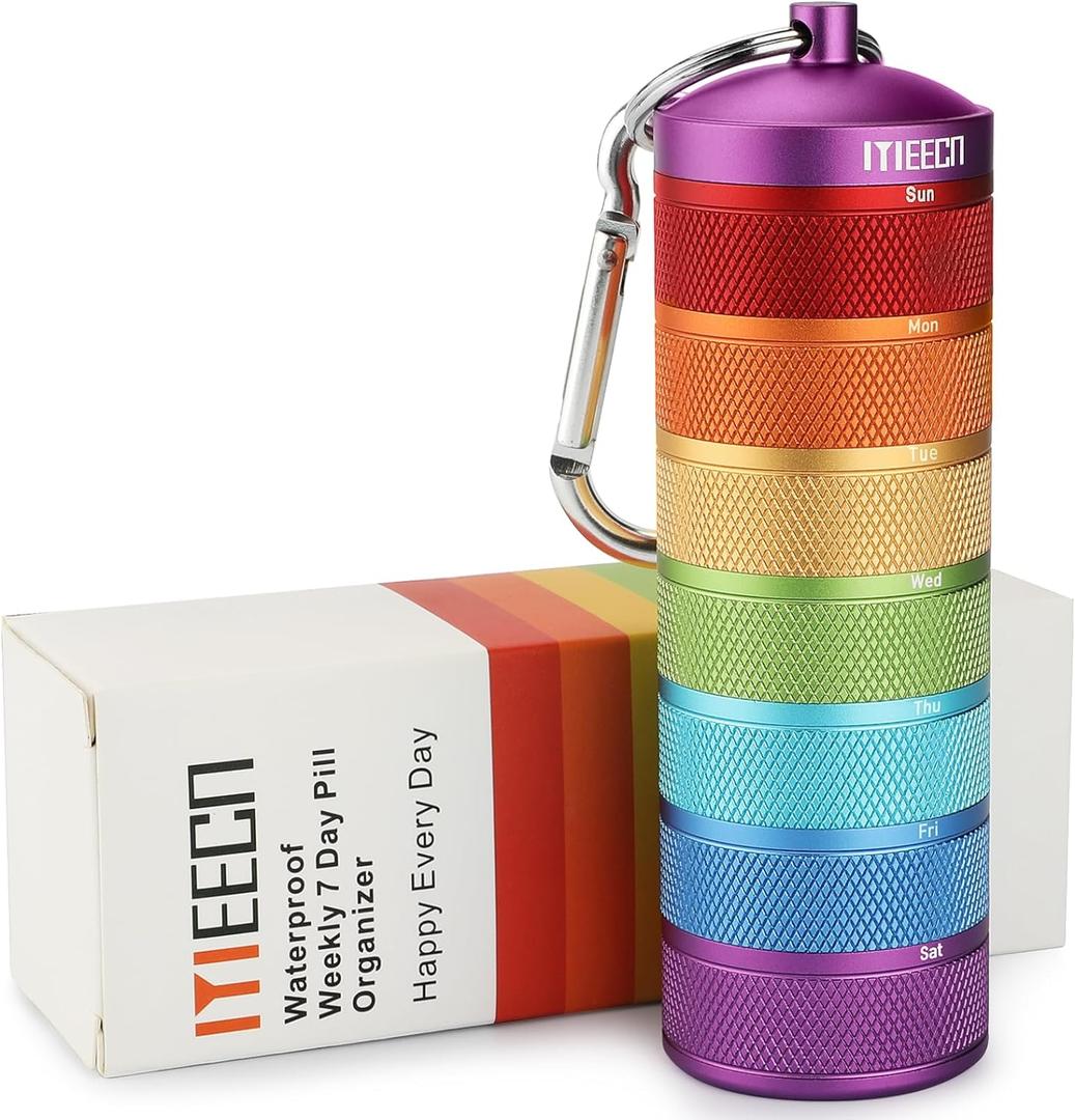 Weekly Metal Pill Organizer for Outdoor Travel, Aluminum, Waterproof, that is Shockproof and Has Large Compartments for Storing Vitamins, Fish Oil, Emergency Pills (Multi-colored)