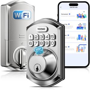 TEEHO TE012W WiFi Smart Lock, Fingerprint Door Lock with Built-in Wi-Fi, Keyless Entry Keypad Smart Deadbolt, App Remote Control, Alexa Compatible, IP55 Waterproof for Front Door  Satin Nickel