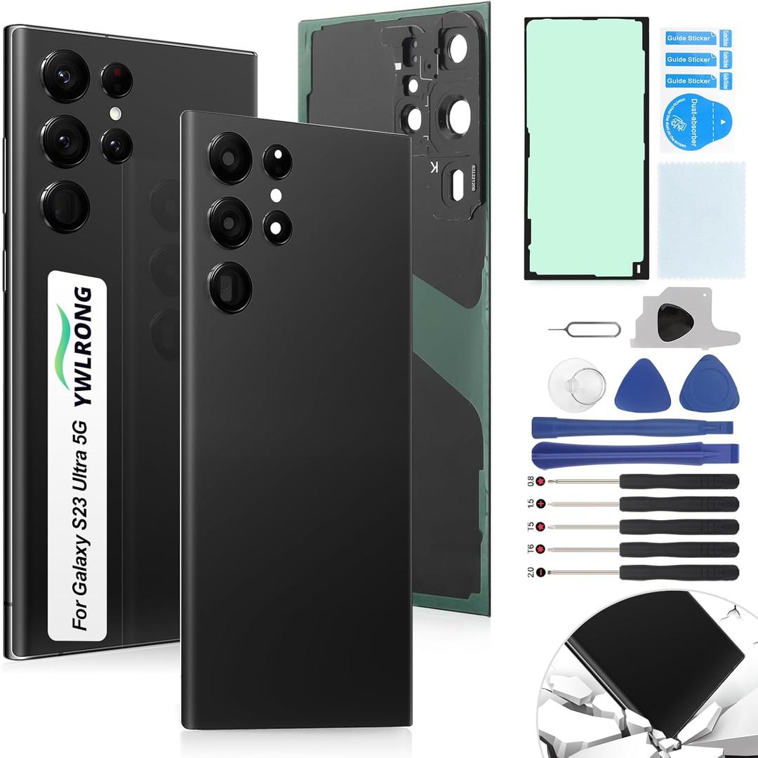 for Samsung Galaxy S23 Ultra Back Glass Replacement for Samsung S23 Ultra 5G 2023 Rear Glass Replacement SM-S918 Battery Cover Housing Door Accessories Parts with Repair Tools (Black)