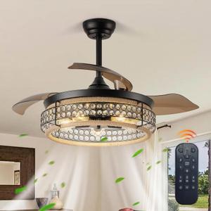 42" Retractable Ceiling Fans with Lights and Remote, Modern Industrial Crystal Chandelier Ceiling Fan Fandelier Ceiling Fan with Light for Bedroom Living Room Dining Room,3 ABS Blades, 6 Speed