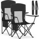 SONGMICS Breathable Camping Chairs, Foldable Outdoor Chairs Set of 2, High Back, Adjustable Armrests, Drink Holder, Weight Capacity 330 lb, for Sports Garden Backyard, Ink Black UGCB028B02, Medium
