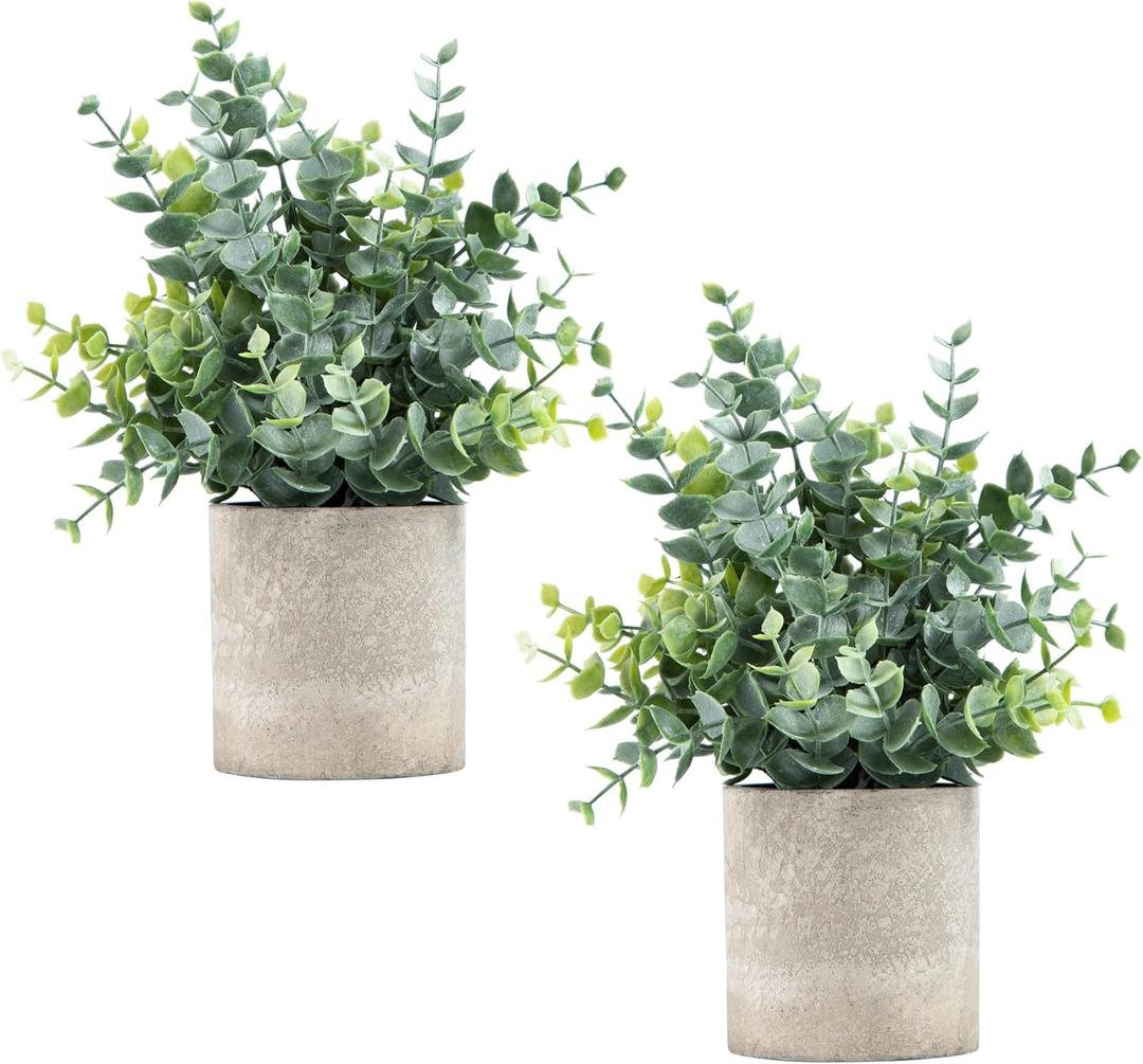 Coferset 2 Pack Small Fake Plants Eucalyptus Potted Artificial Plants for Shelf Desk Home Bathroom Farmhouse Room Coffee Table Decor (Sage Green)