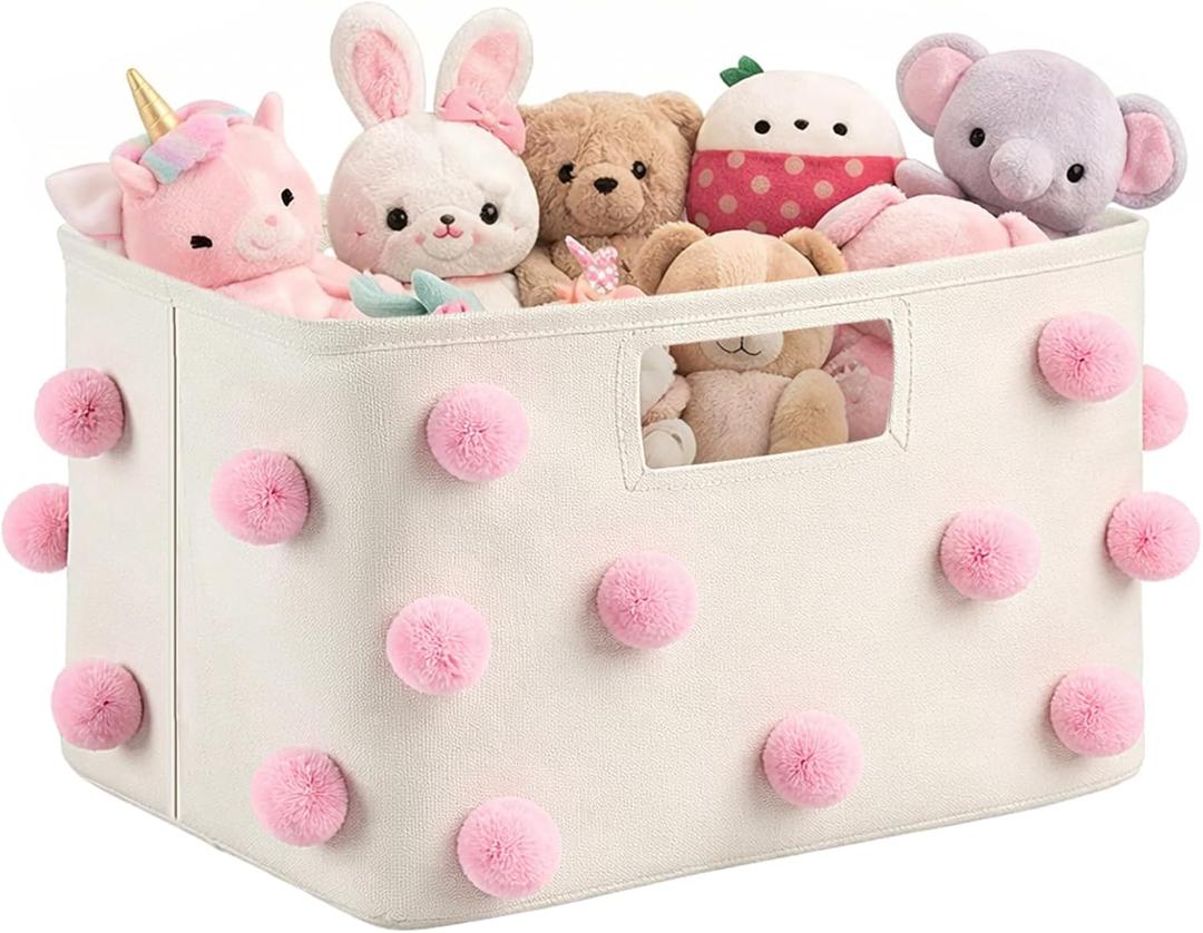 Pink Pom Pom Storage Basket 15 x 10.2 x 9.8 Inch Coquette Collapsible Cotton Canvas Basket Blanket Baskets Toy Storage Bin for Nursery Playroom Home Pink Room Organizer Decor