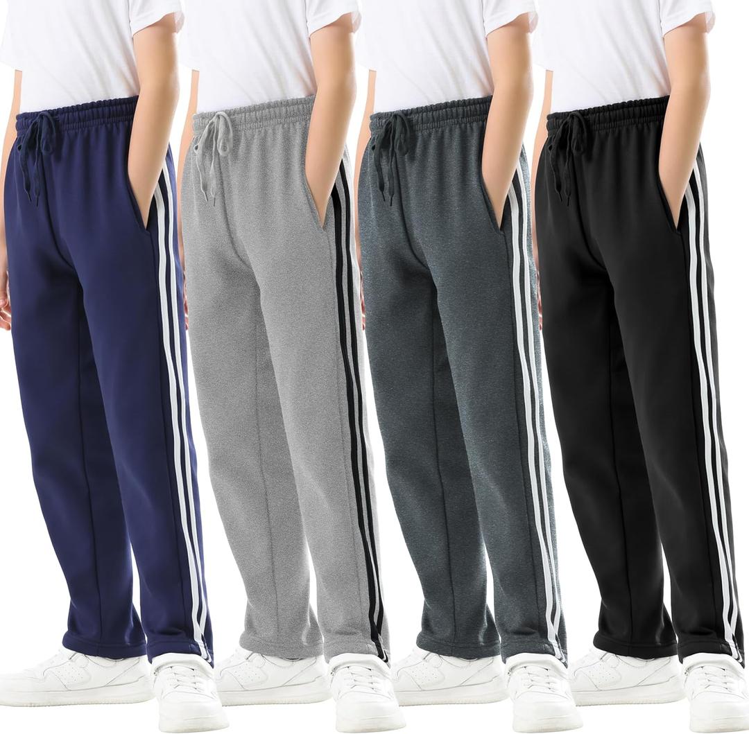 Rolimaka 4 Pcs Boys Sweatpants Soft Fleece Lined Open Bottom Youth Basic Athletic Joggers with Pockets Thermal Pants for Boys (Black, L)
