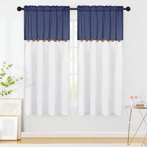 FRAMICS Farmhouse Cotton Linen Curtains for Living Room, Boho Button Curtains 63 Inch Length, Navy Blue Rustic Country Linen Window Curtains for Bedroom, Rod Pocket Curtains & Drapes, 52 x 63 Inch