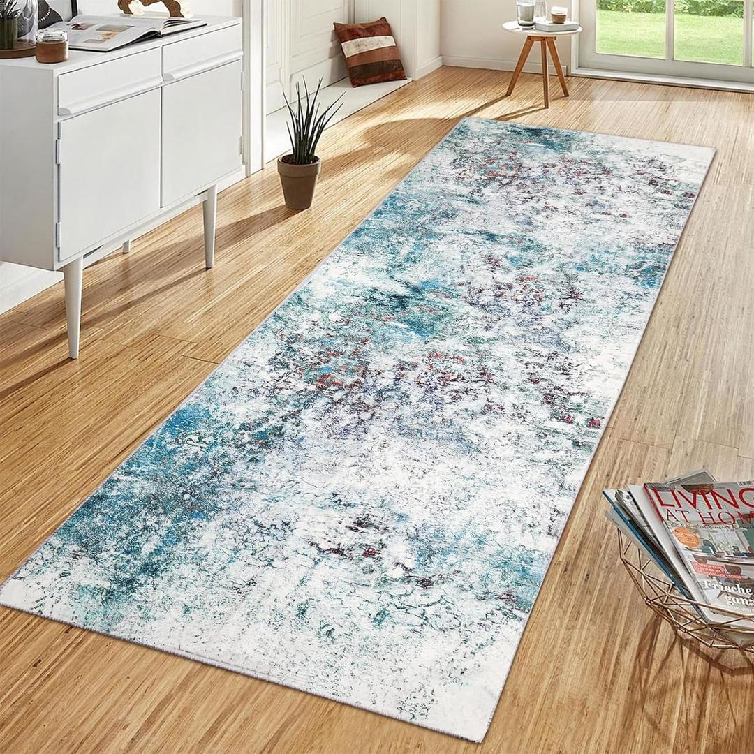 Modern Abstract 2x8 Washable Hallway Runner Rug, Non-Skid Soft Kitchen Runner Rugs for Entryway Laundry Room Living (Cyan/Multicolor)