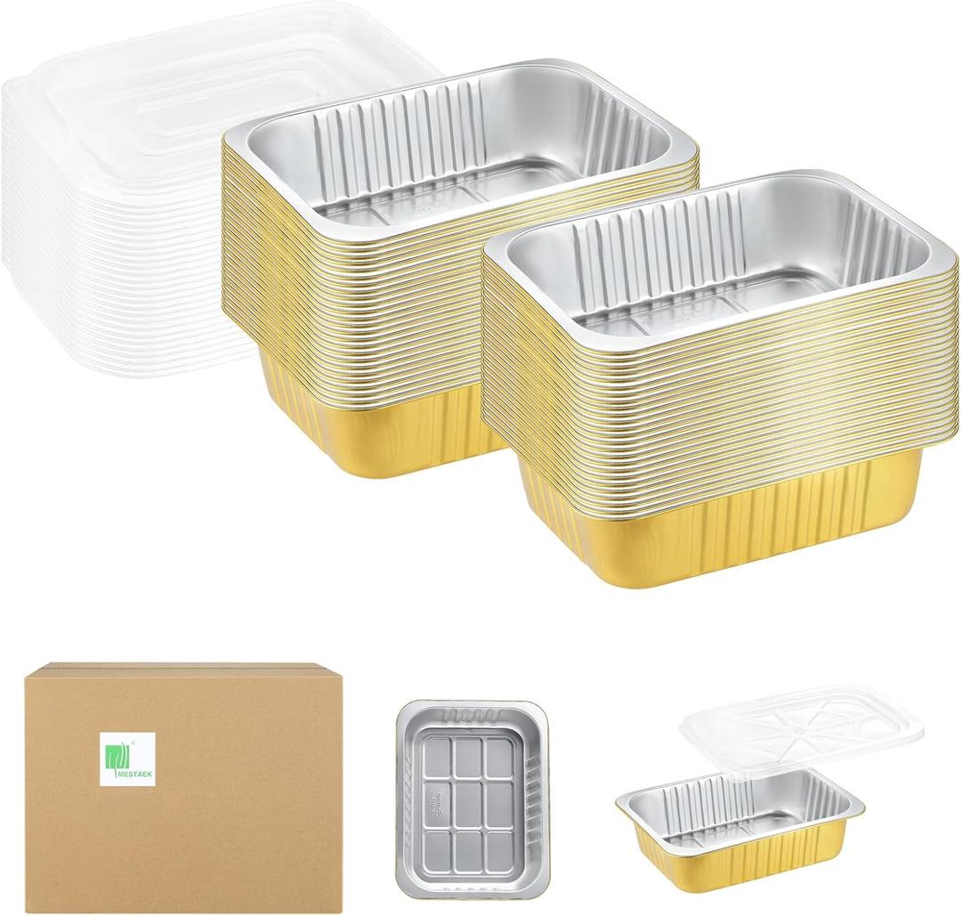 9"x 6.5" Sturdy Aluminum Foil Pans with Lids (50 Packs), 2X Thicker Heavy Duty for Oven Stove Grill Microwavable Cooking, Baking, Reusable Dishwasherable Disposable Foil Pan, 47oz