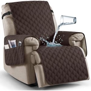 Ruaozz 100% Waterproof Recliner Chair Covers, Non-Slip Reclining Covers for Recliner Chair Washable Chair Cover, Recliner Covers with Pockets for Kids, Dogs, Pets (Chocolate, 23'')