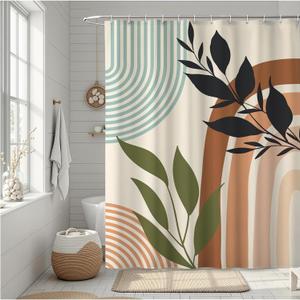 FTSYAD Mid Century Boho Shower Curtain, Sage Green Abstract Geomatric Bohemian, Waterproof Polyester Fabric Shower Curtains Sets with Hooks for Bathroom 72x72 Inches