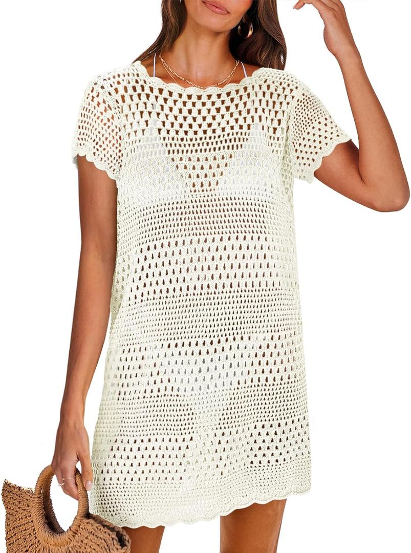 ANRABESS Swimsuit Cover Up for Women 2025 Crochet Bathing Suit Swimwear Mesh Knit Beach Dress Summer Vacation Outfit Clothes (Small, White)