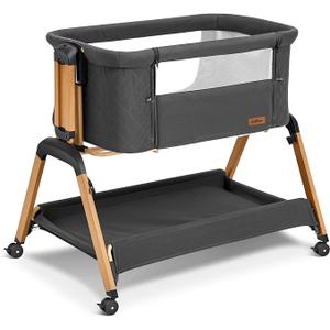 Bassinet Bedside Sleeper, Rocking Bassinets with Comfy Mattress and Wheels for Newborn, 5-Height Adjustable (Black)