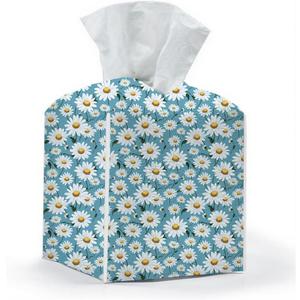 Tissue Box Cover, Tissue Box Holder, Square with Belt Bottom, PU Leather Decorative Organizer for Desk, Tabletop, Countertop Bathroom, Toilet Car, Bedside, Dresser Kitchen, Aesthetic Blue Flower Decor