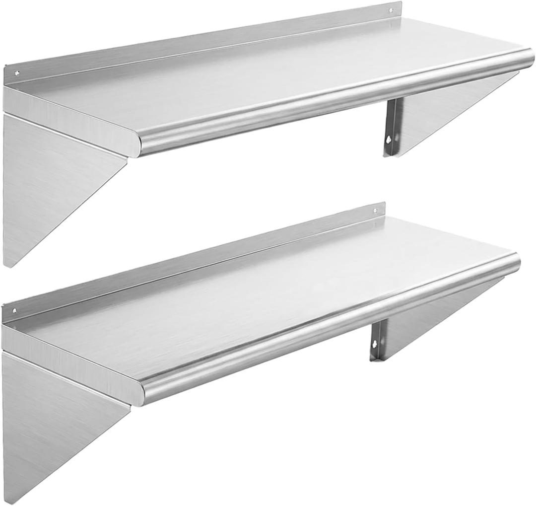 KUARBARR Stainless Steel Shelf Wall-Mounted Stainless Steel Wall Shelf 12 x 48 Inch, 2 Pack Commercial Metal Wall Shelves Garage Shelving for Restaurant Kitchen