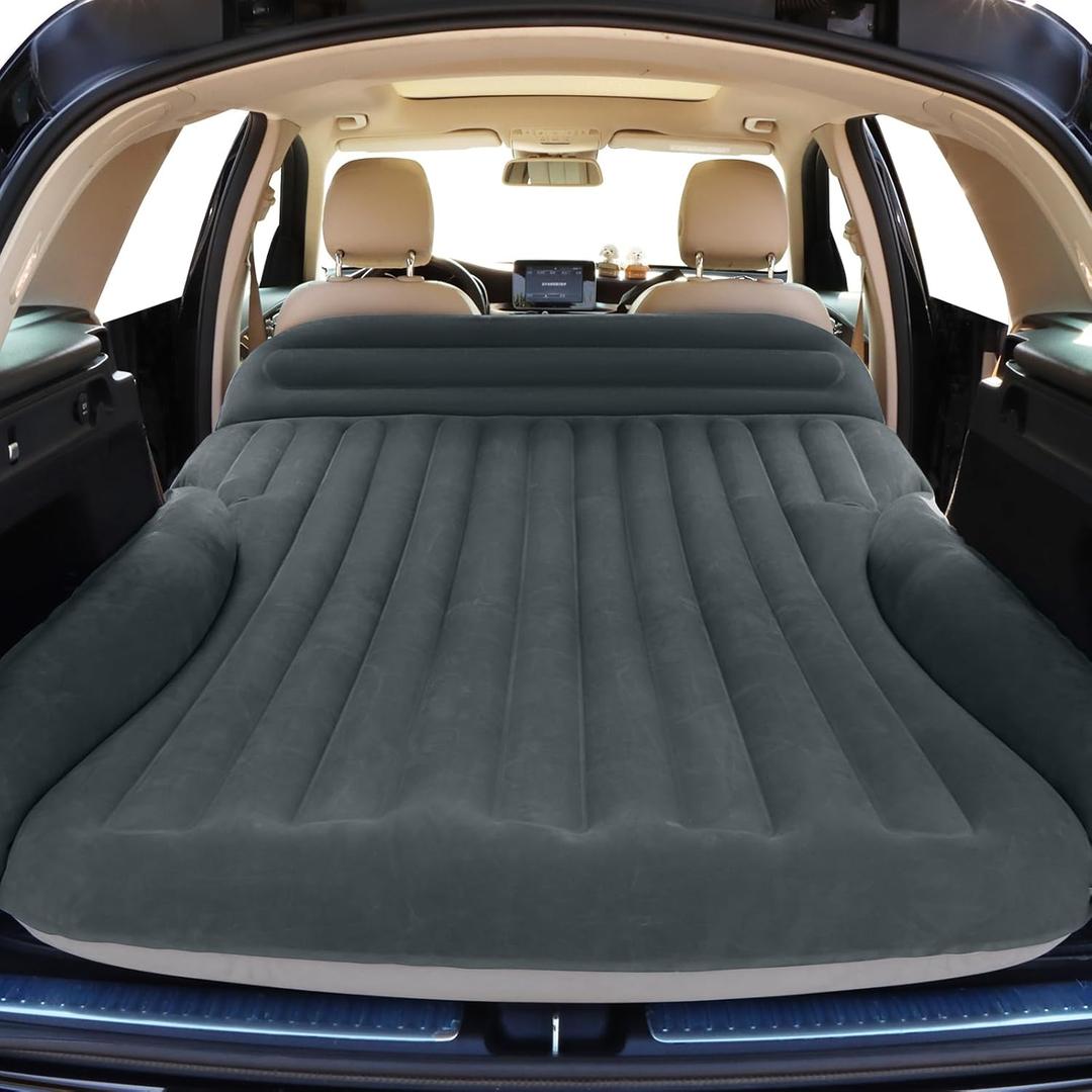 Ciremiv SUV Air Mattress, Double-Sided Thick Flocked Car Air Mattress with Built-in Pump & Pillow, Complete Sleeping Accessories for Auto Camping & Road Trips Green + Charcoal