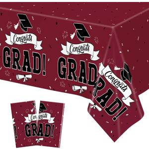 2 x 2Pcs Graduation Decorations 2026, 108" X 54" Maroon Graduation Tablecloths, Rectangle Table Covers for Class of 2026 Congrats Grad, Disposable Plastic Tablecover for Grad Decor Party Supplies for Kids
