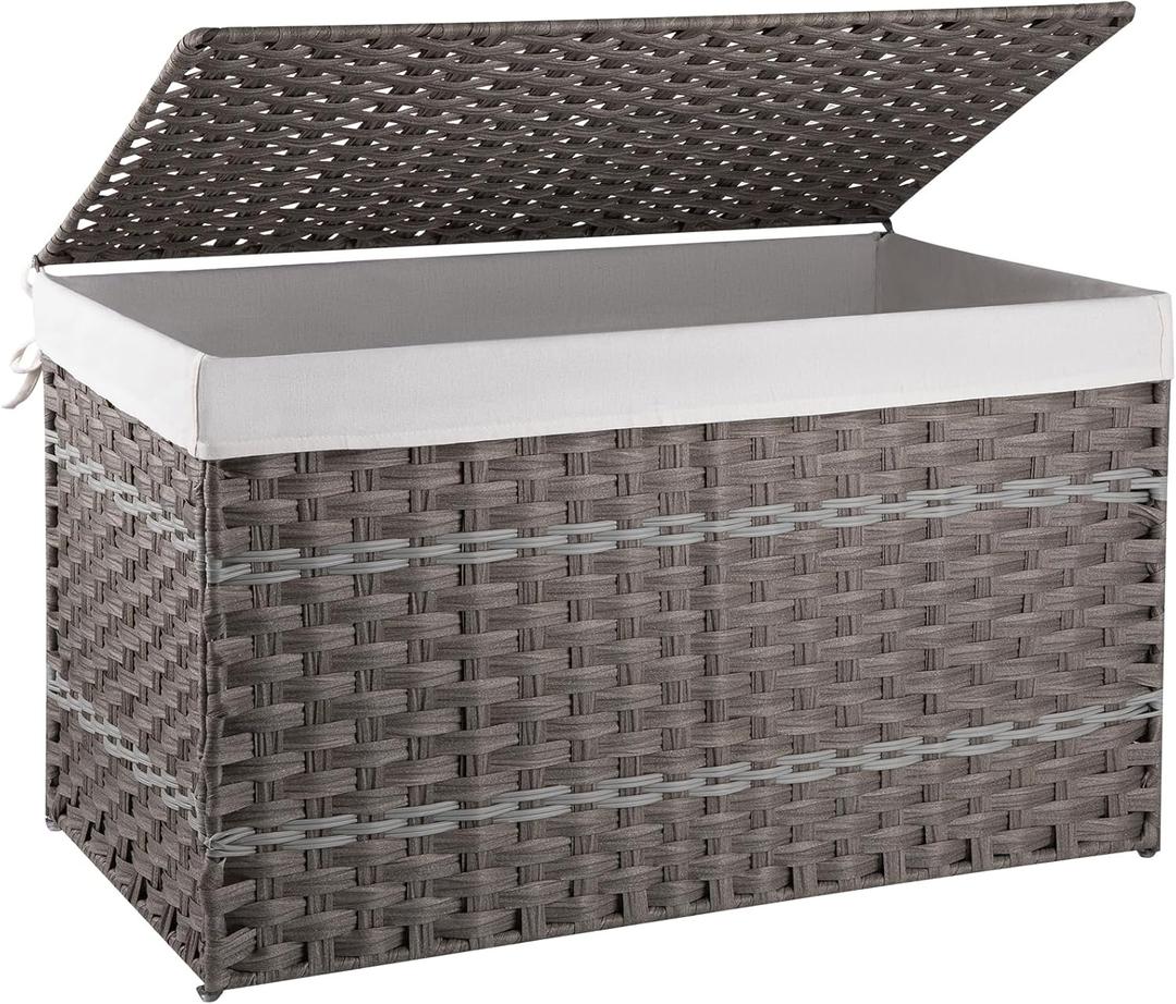 OIAHOMY Storage Basket with Lid, 42.3 Gallon (160L) Blanket Basket with Removable Liner Bag, Synthetic Wicker Hamper with Handle, Foldable, Hamper for Living Room, Grey