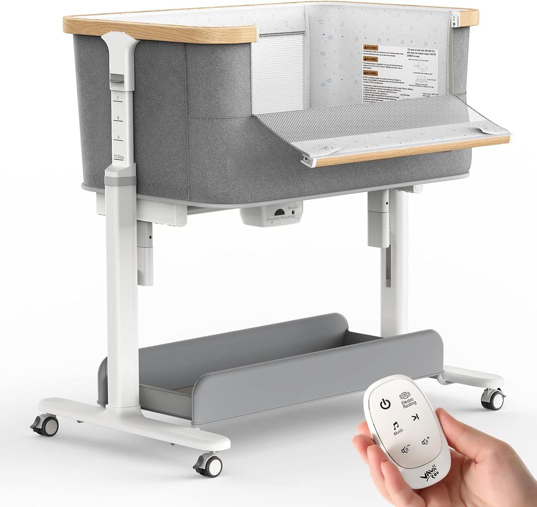 Rocking Bassinet for Baby Electric Automatic Bedside Sleeper Rocks Itself 3 Speed Auto Rolling Newborn Cradle 5 Height Adjustable with Music, Wheels, Storage, (Light Grey)