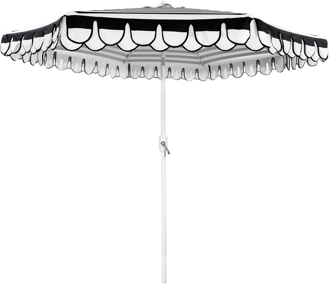 9Ft Elegant Valance Patio Umbrella, Outdoor Umbrellas for Patio with Auto-Tilt and Crank Systerm, Table Umbrella for Outdoors, Poolside,Beach, Backyard (Black White)