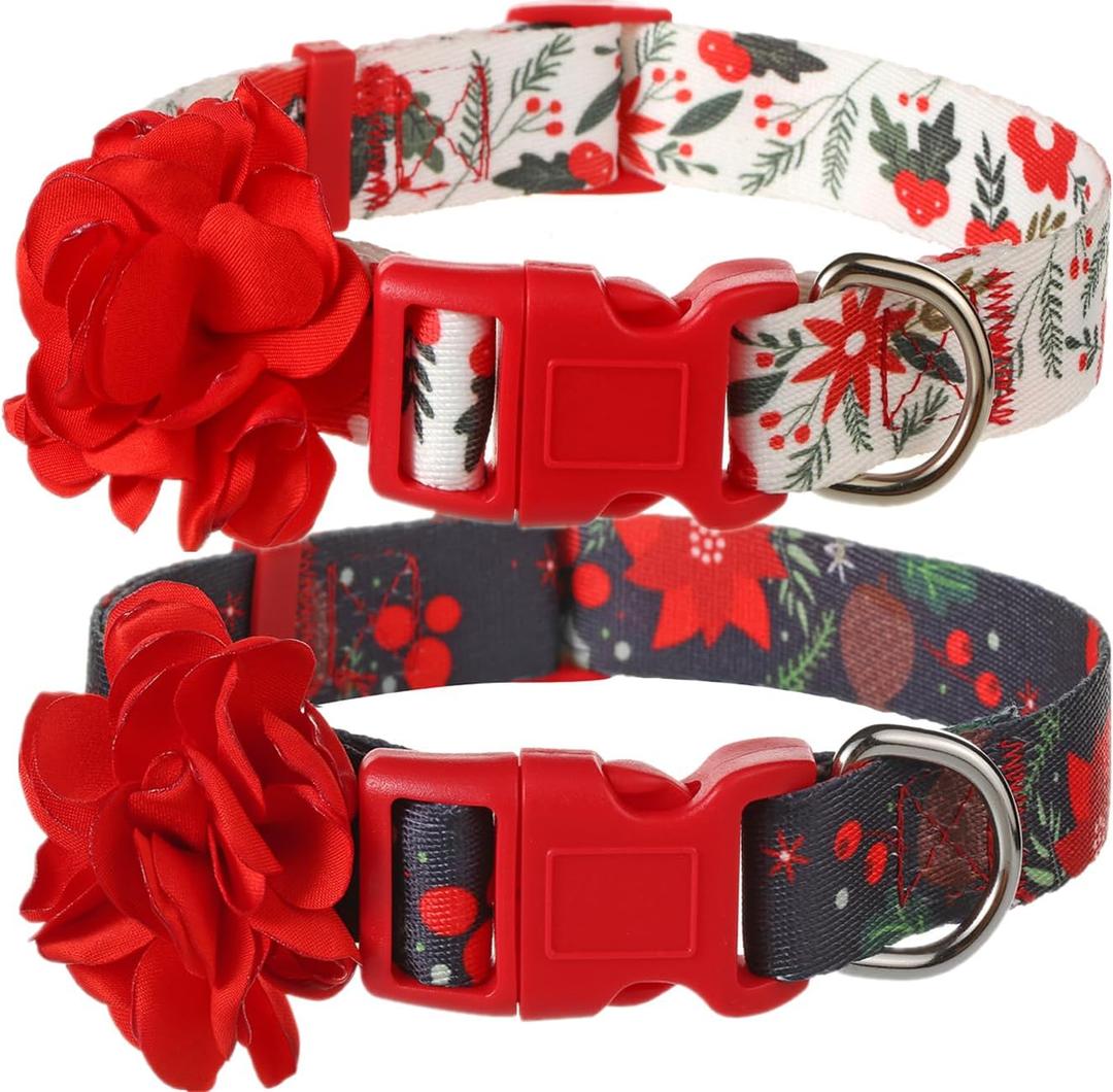 Christmas Dog Collars with Removable Red Flower, Medium Dog Collar for Female Dogs