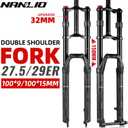 Dual Crown MTB Air Fork 27.5/29 Inch (Fits 2.5" Tire) - 150mm Travel, Rebound Adjust, 32mm Stanchions, 15x100mm/9x100mm Axle for E-Bike & Downhill