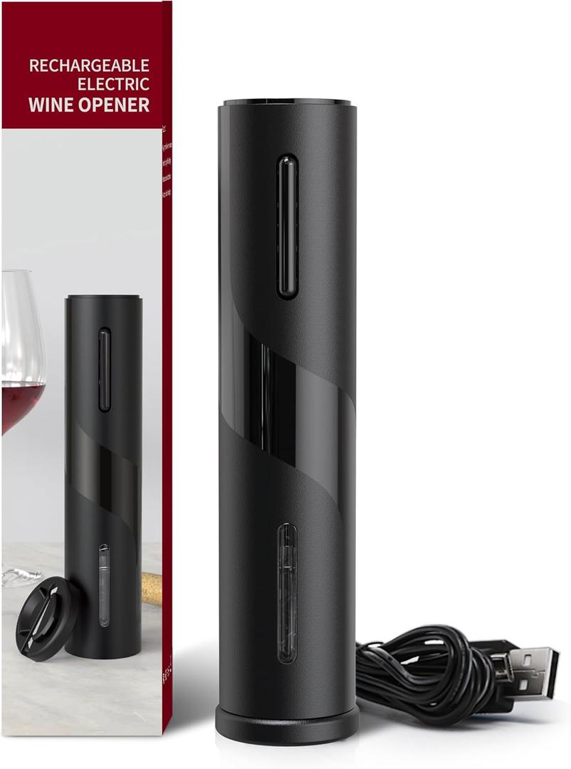 Electric Wine Opener, Rechargeable Wine Bottle opener, Cordless Automatic Corkscrew with Foil Cutter, USB Charging Cable, LED Light Indicator, Gift Idea for Wine Lovers, Black