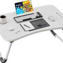 Folding Lap Desk, 23.6 Inch Wood Laptop Bed Desk with Cup Holder, Portable Bed Table for Working Writing Reading, Eating for Bed, Floor, Sofa, Couch - White