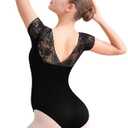 Tegmk Women Lace Short Sleeve Ballet Dance Leotard, Full Front Lining, Open Back, Size M