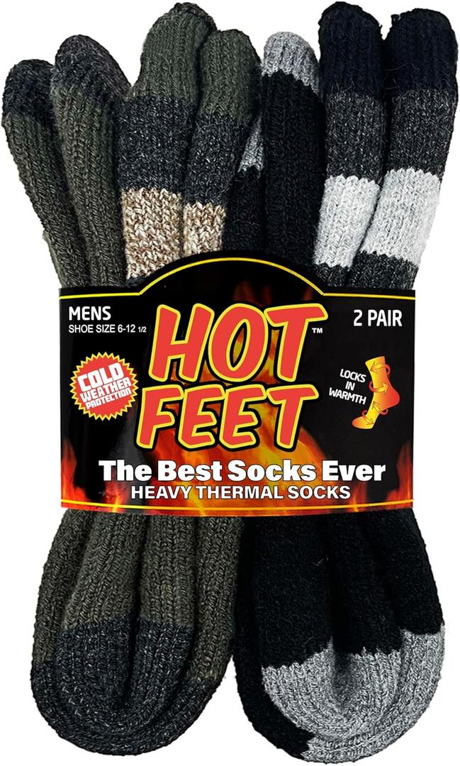 HOT FEET Thermal Socks for Men - Extreme Cold Weather, 2 Pack Thick Warm Socks, Winter Insulated, Size 6-12.5 (Black / Green)