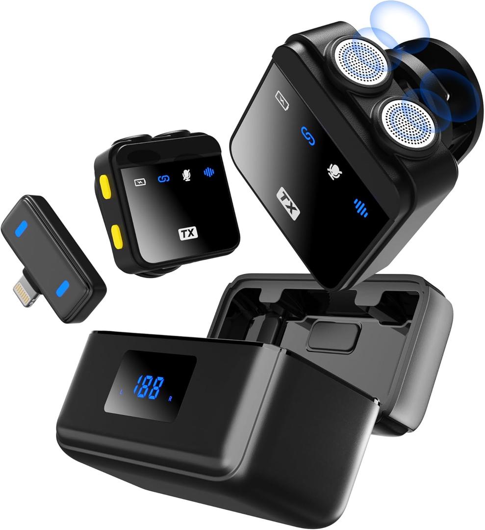 Wireless Lavalier Microphone for iPhone/iPad with Lightning Mini Lapel Mic Wireless, 48KHz/24Bit, 150ft Range, Noise Cancellation, 70H Battery for Video Recording and Streaming