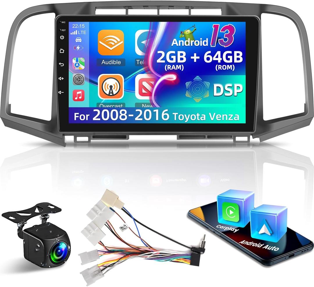 [2+64G] for Toyota Venza 2008-2016 Car Radio - 9 inch HD Touchscreen Android 13 Car Radio - Wireless Carplay & Android Auto, GPS, WiFi, Mirror Link, DSP+EQ, SWC + AHD Backup Camera