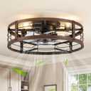 LEDIARY 20" Caged Ceiling Fan with Light and Remote, Low Profile Flush Mount Fandelier, Walnut Bladeless Enclosed Small Fan Lights Ceiling Fixtures, Rustic Farmhouse Style for Bedroom, Outdoor