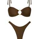 ZAFUL Women's Sexy Tie Spaghetti Strap Bikini Textured O Ring Ruched High Leg Swimsuit Cheeky Bathing Suits (Deep Coffee, L)