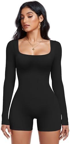OLCHEE Womens Long Sleeve Workout Jumpsuit Square Neck Ribbed Seamless Yoga Romper Sexy Bodycon Tummy Control Unitard Onesie, Size L
