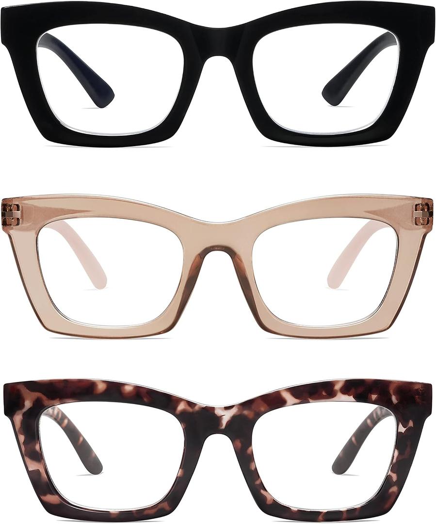 AMOMOMA 3 Pack Trendy Oversized Blue Light Stylish Readers for Women,Retro Square Cute Sturdy Computer Womens Reading Glasses AM6042 Black+Brown+Purple Tortoise 1.5