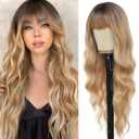 Dark Blonde Wig with Bangs for Women Long Wavy Wigs 26 Inch Blonde Wigs Natural Looking Heat Resistant Synthetic Wig for Daily Party Use