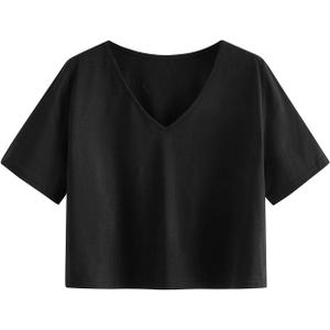 SweatyRocks Women's Casual V Neck Short Sleeve Soild Basic Crop Top T-Shirt (Medium, Black-3)
