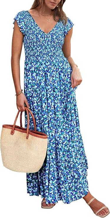 PRETTYGARDEN Women's Summer Flowy Maxi Dress Casual Cap Sleeve V Neck Smocked Beach Sundress Medium