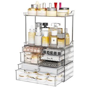 Yieach 3 Pack Clear Bathroom Counter Organizer With Drawers - Stackable Design,19.1" Tall Large Capacity - Suitable as Makeup Organizer for Vanity Countertop,Dresser Top Skin Care Storage Organizer (7 Drawers)