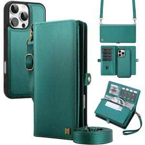 For Wallet Case Compatible with iPhone 15 Pro Max,Multi-Function Detachable 2 in 1 Magnetic iPhone 15 Pro Max Case Wallet,Flip Strap Zipper Card Holder Phone Case with Shoulder Straps (Green)