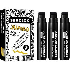SRUOLOC 3 Jumbo Permanent Markers Black, 15mm Thick Wide Tip, Large Acrylic Paint Markers for Rock Painting, Poster, Stone, Ceramic, Glass, Wood, Canvas