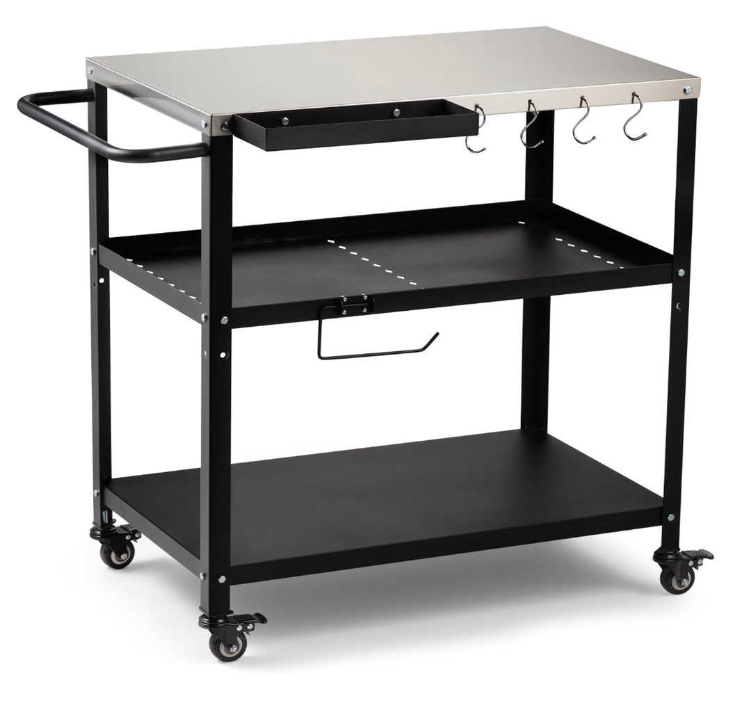 GVGBUK Outdoor Grill Cart Table, Pizza Oven Stand with Casters, Silver