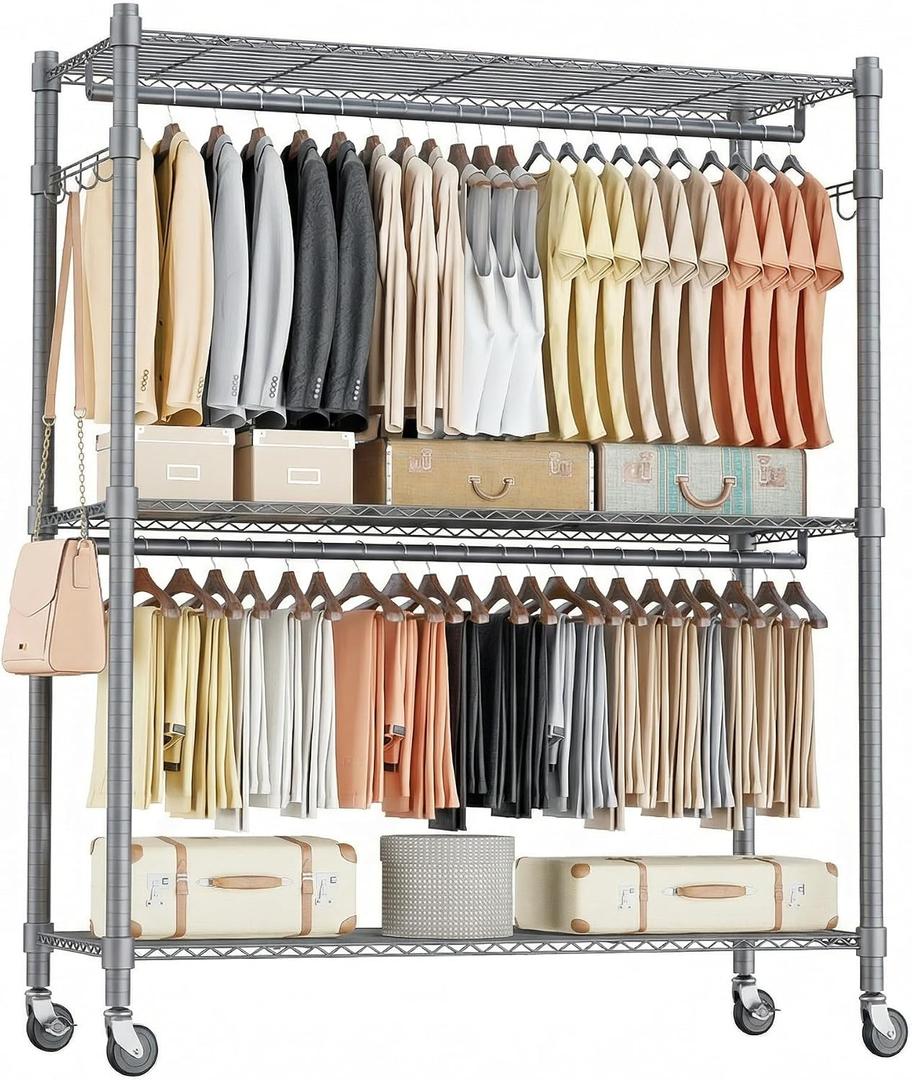 Homdox Rolling Clothes Rack Heavy Duty, 3-Tier Adjustable Wire Shelving Garment Organizer with Double Rods & Hooks, Portable Clothes Rack with Wheels, 17.72" D x 47.24" W x 80.71" H, Grey