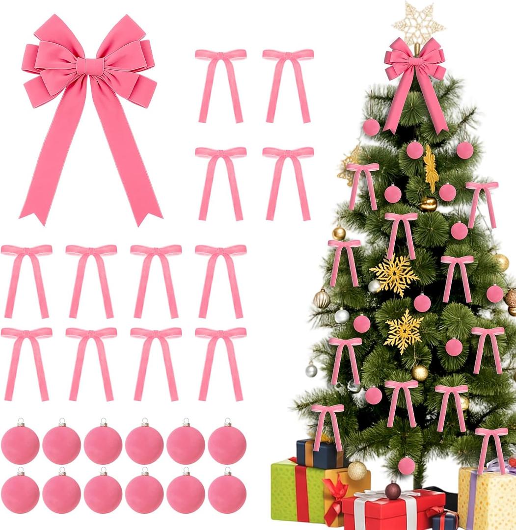 25 Pcs Pink Velvet Tree Topper Christmas Ornaments Include Large Christmas Bows Tree Topper 12 Xmas Velvet Balls 12 Pink Bows for Xmas Holiday Door Fireplace Wall Party Decor