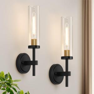 Wall Sconces Set of Two, Black and Gold Bathroom Sconces with Clear Glass, Hardwired Sconces Wall Decor Set of 2, Modern Wall Light Fixtures for Bathroom Mirror Living Room Bedroom Hallway (15.5inch(2pcs))