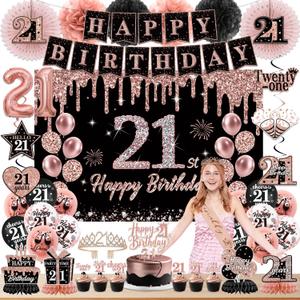 21st Birthday Decorations for Her, Black Rose Gold Happy 21st Birthday Decorations for Girls 21 Banner, Balloons, Hanging Swirls, Cake Topper, Backdrop, Crown, Sash, Paper Fans,21 Years Old Party Supplies